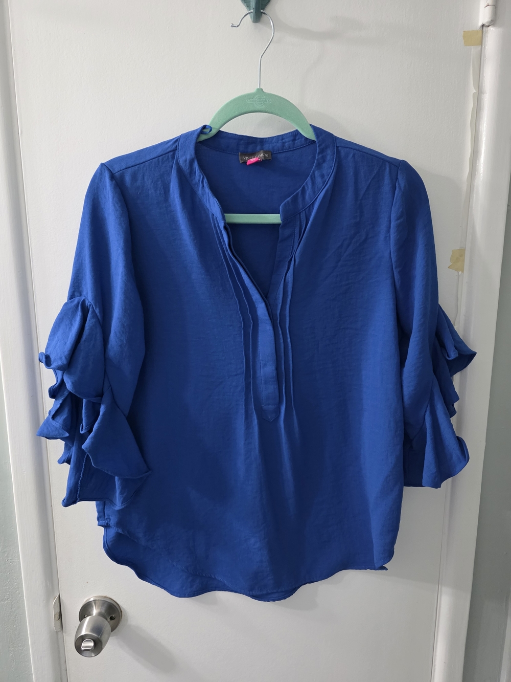 Vince Camuto Womens Royal Blue Ruffle Sleeve Tunic Top